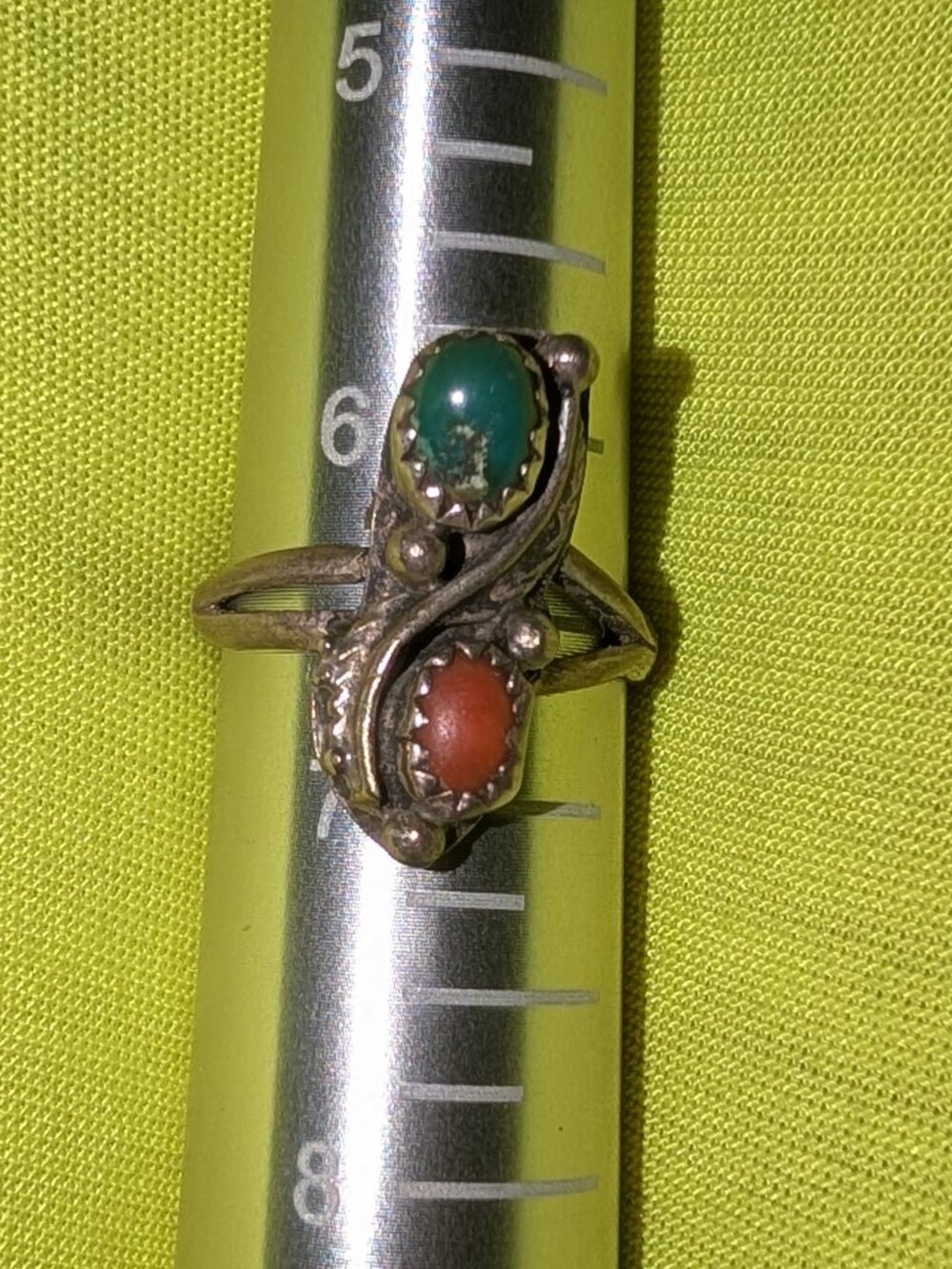 Navajo 6.5 ring coral and green turquoise